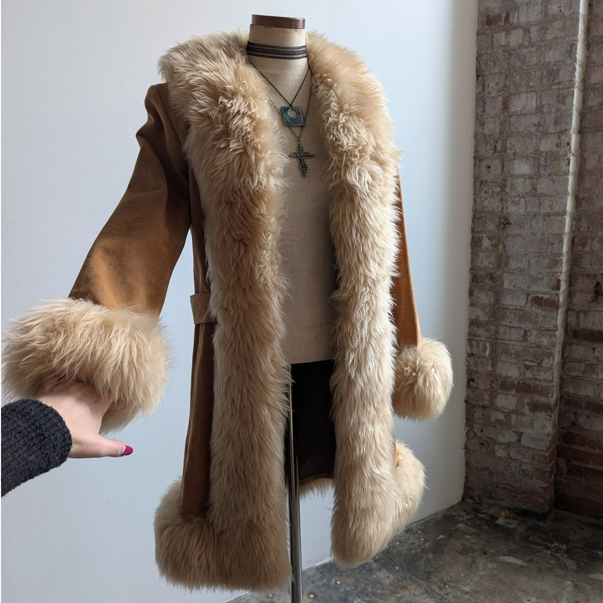 Vintage Tan Brown Suede Penny Lane Jacket Fur Furry Leather Trench Coat Small