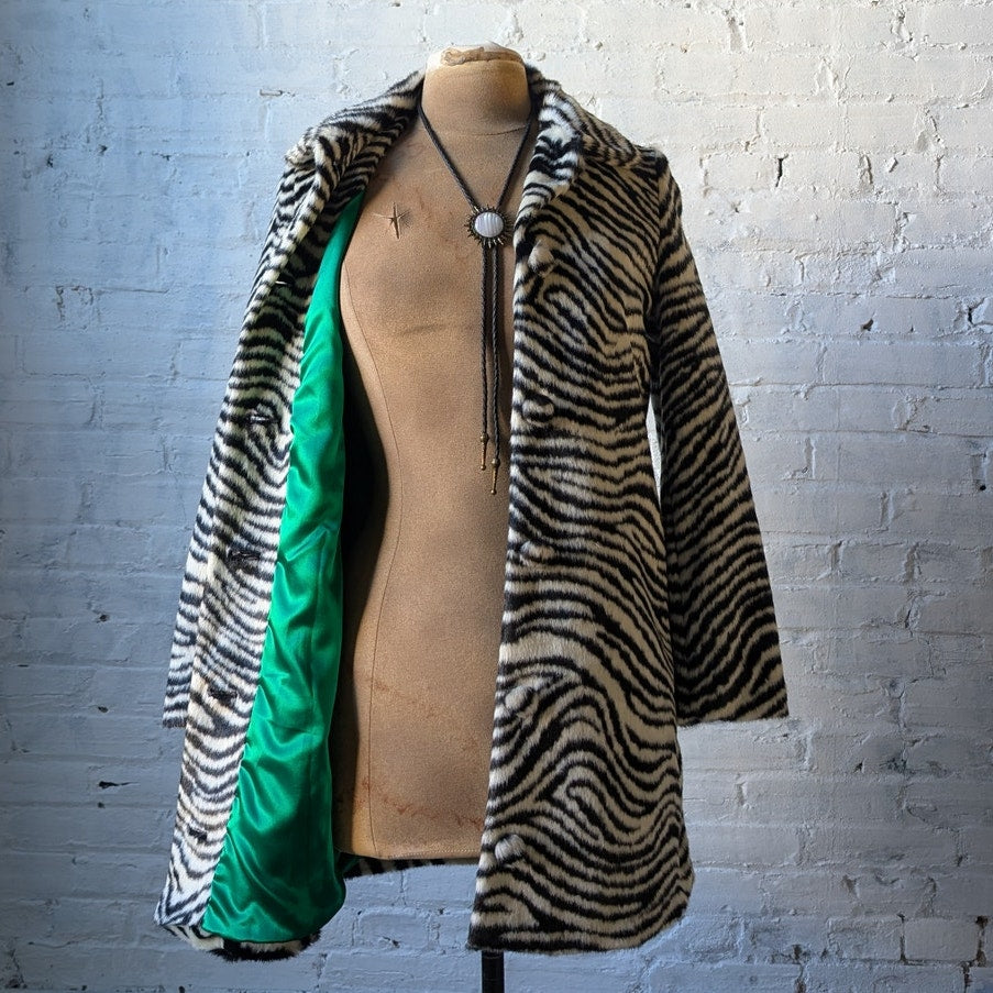 Designer Animal Print Faux Fur Trench Coat Retro Zebra Tiger Stripe Furry Jacket