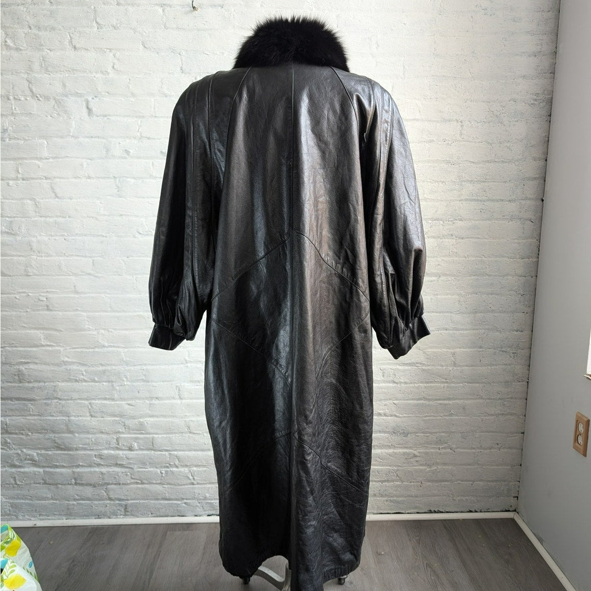 Vintage Black Leather Fox Fur Penny Lane Trench Coat Minimalist Duster Jacket