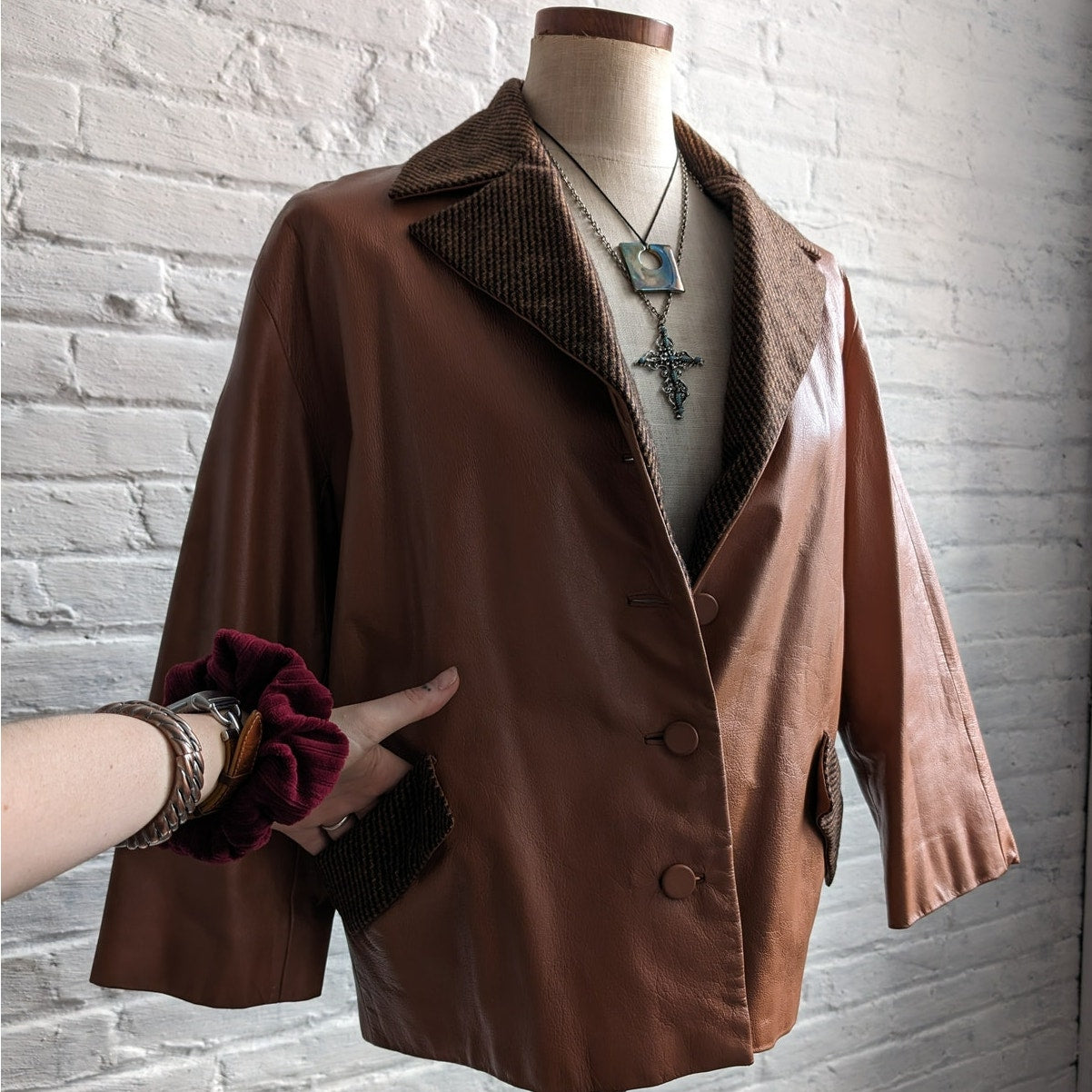 Vintage Brown Leather Jacket Rusty Orange Cropped Preppy Blazer Tweed Coat Small
