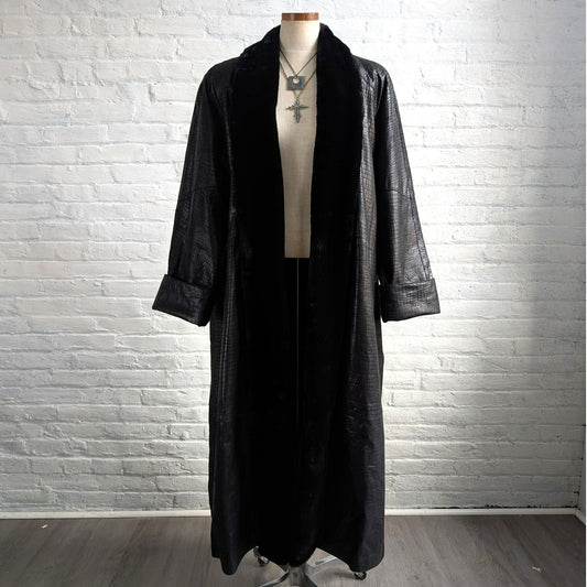 Vintage Black Leather Faux Fur Trench Coat Penny Lane Grunge Snakeskin Jacket