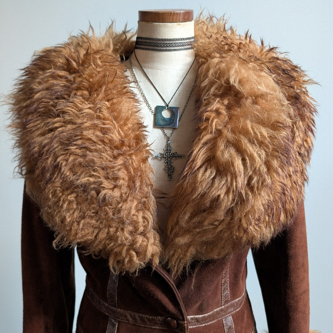 Vintage Brown Suede Penny Lane Jacket Groovy Fur Coat 70s Leather Western Medium