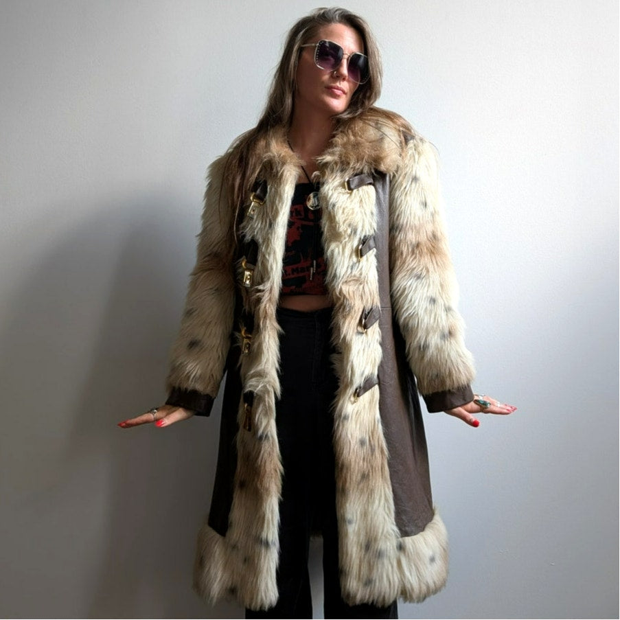 Vintage Cheetah Faux Fur Afghan Coat Leather Penny Lane Shaggy Trench Jacket