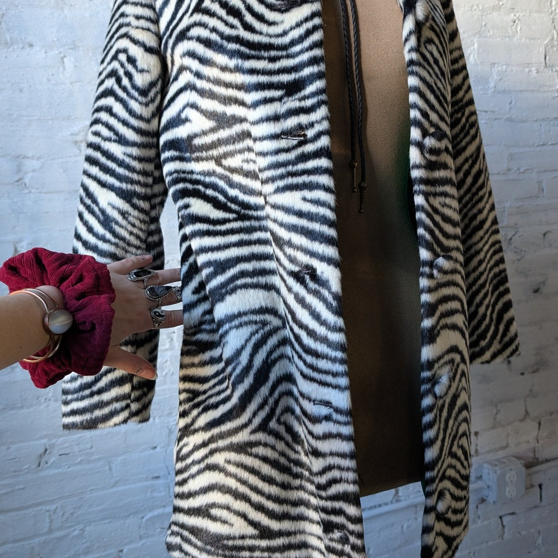 Designer Animal Print Faux Fur Trench Coat Retro Zebra Tiger Stripe Furry Jacket