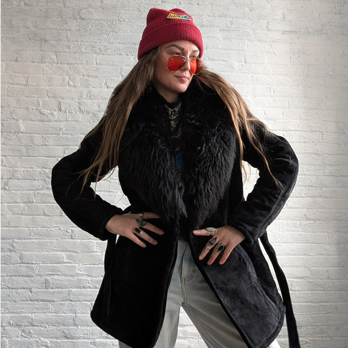 Vintage Black Suede Penny Lane Coat Fur Mini Trench Minimalist Goth Furry Jacket