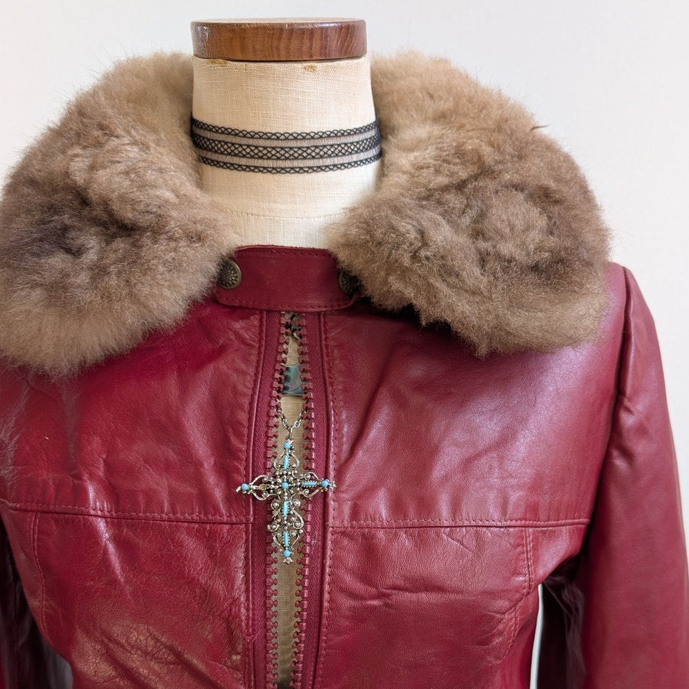 Vintage Red Leather Jacket Penny Lane Fur Trim Coat Grunge Boho Bomber Medium