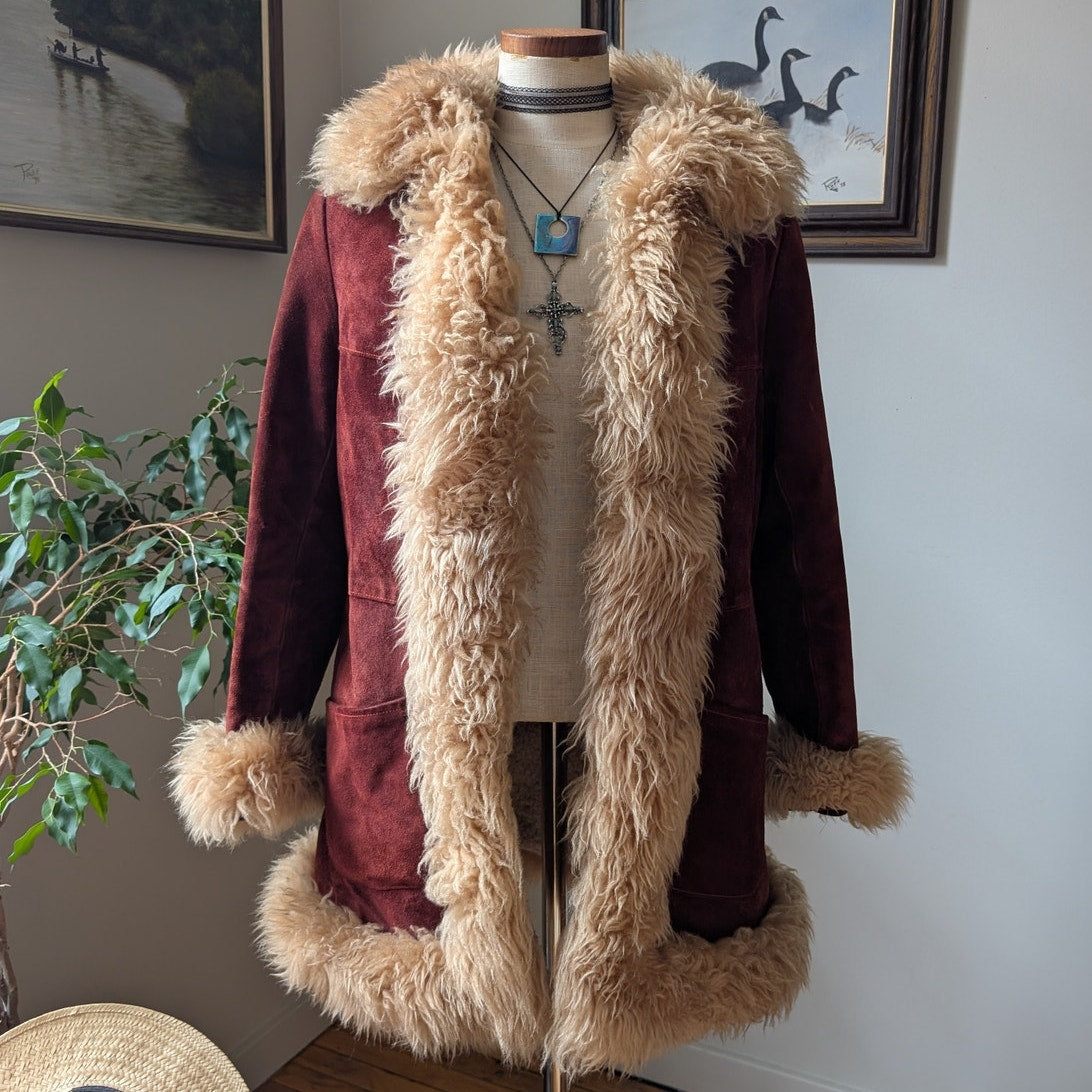 Vintage Red Suede Jacket Leather Penny Lane Coat Fur Trim 70s Trench Coat Small
