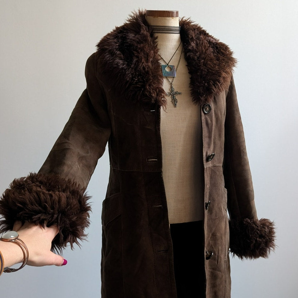 Vintage Brown Suede Penny Lane Jacket Fur Furry Leather Groovy Trench Coat Small