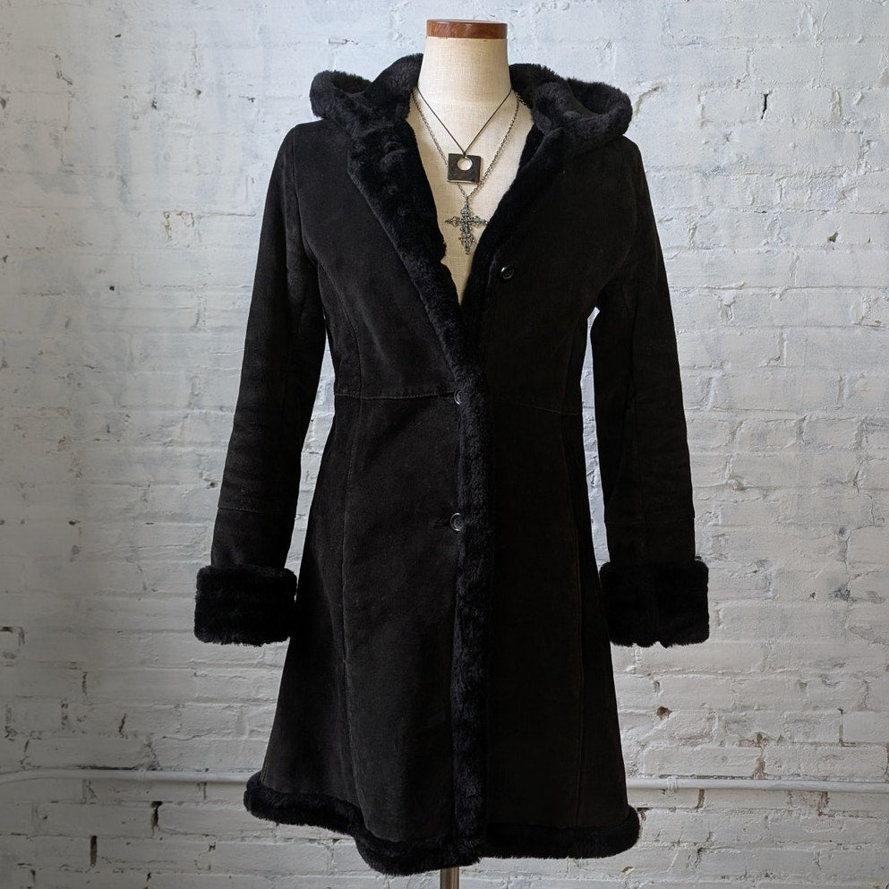 Vintage Black Suede Leather Penny Lane Coat Faux Fur Trench Minimalist Jacket