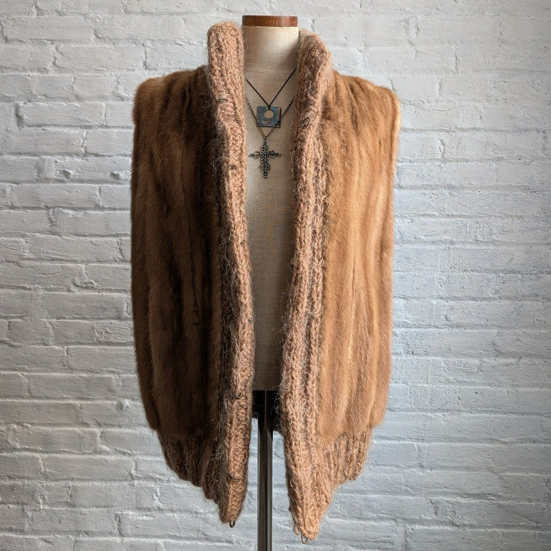 Vintage Chunky Knit Mink Fur Coat Mohair Sweater Vest Minimalist Boho Jacket