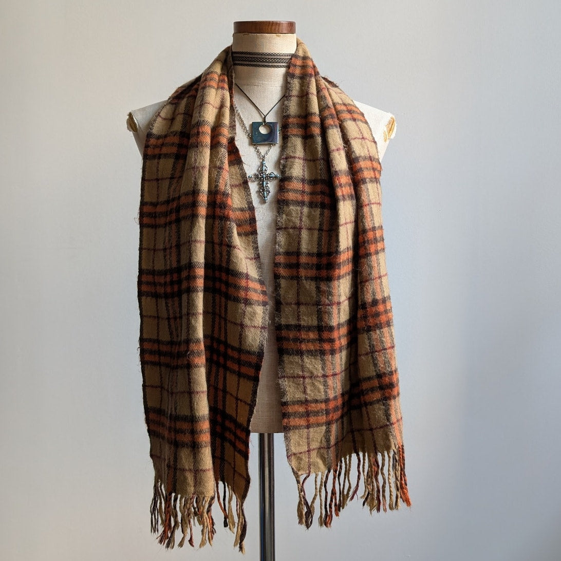Vintage Orange Plaid Scarf 70s Striped Cashmere Western Fringe Grunge Knit Wrap