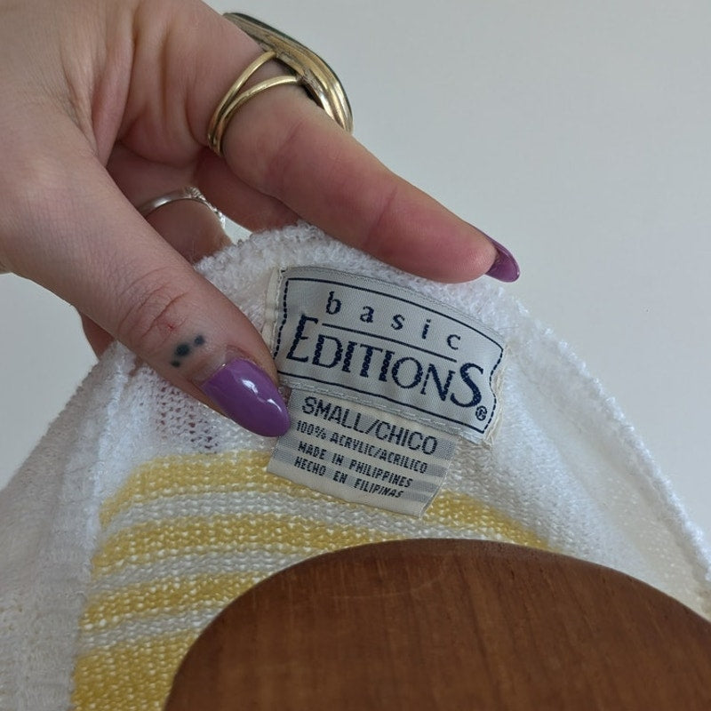 Vintage 90s Yellow White Striped Knit Top S Basic Editions Short Sleeve Sweater