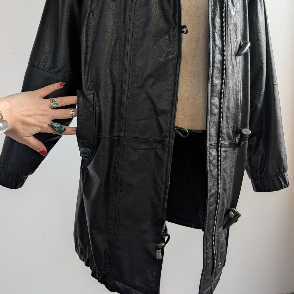 Vintage Black Leather Jacket Penny Lane Fur Hooded Trench Coat Minimalist Medium