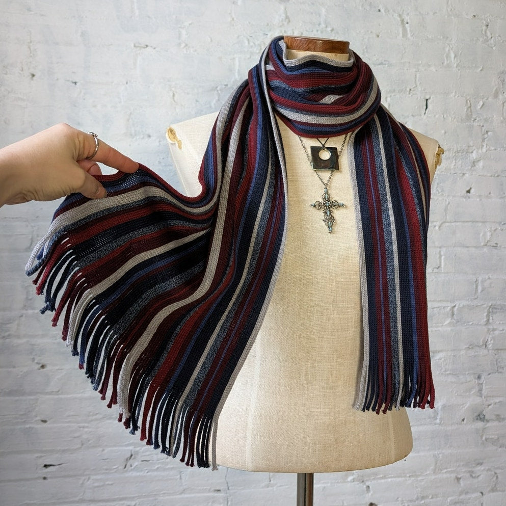 Vintage Red Blue White Striped 100% Wool Scarf Retro Furry Knit Fringe Wrap