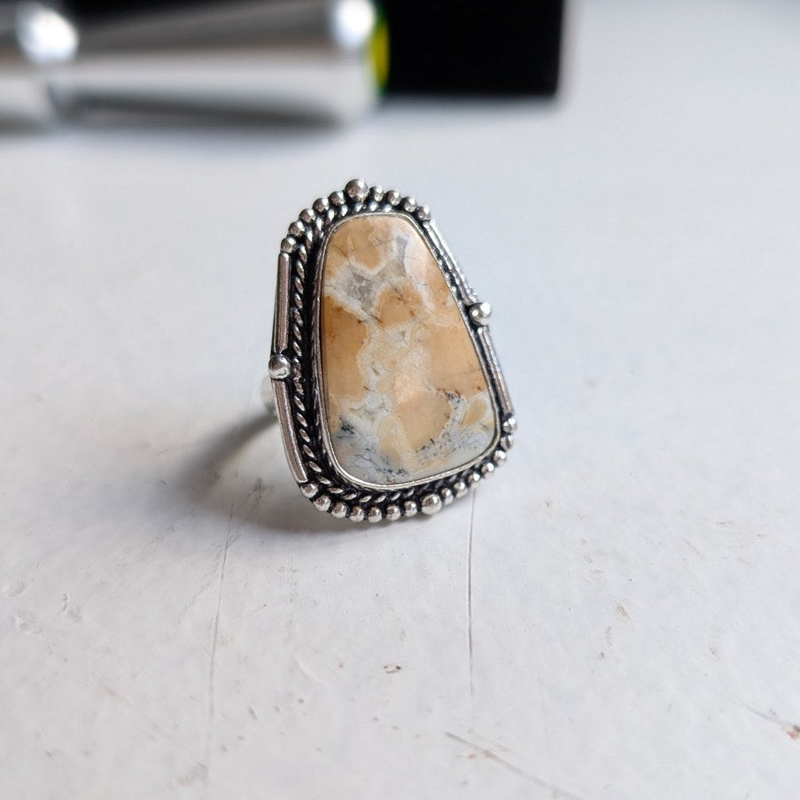 Boho Cowgirl Square Sterling Silver Ring Retro Vintage style Natural Stone Size9