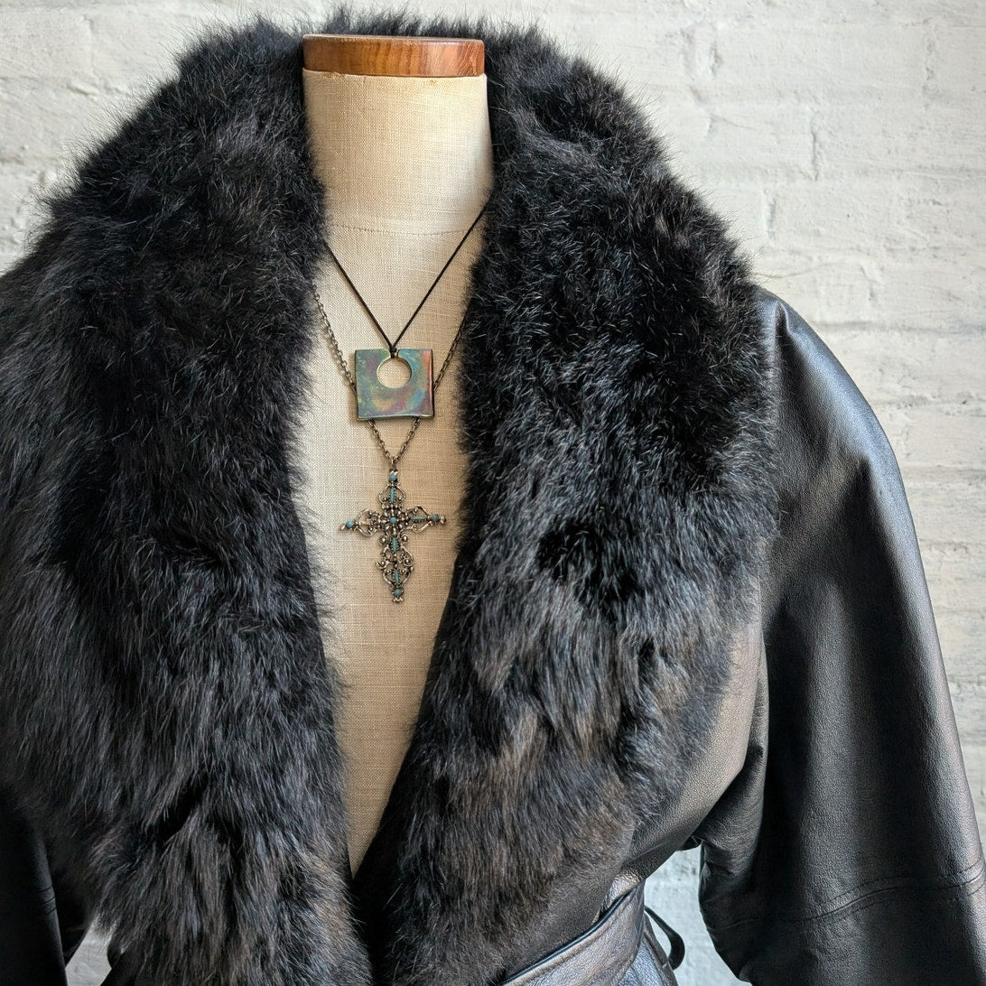 Vintage Black Leather Penny Lane Coat Fur Trench Minimalist Goth Furry Jacket