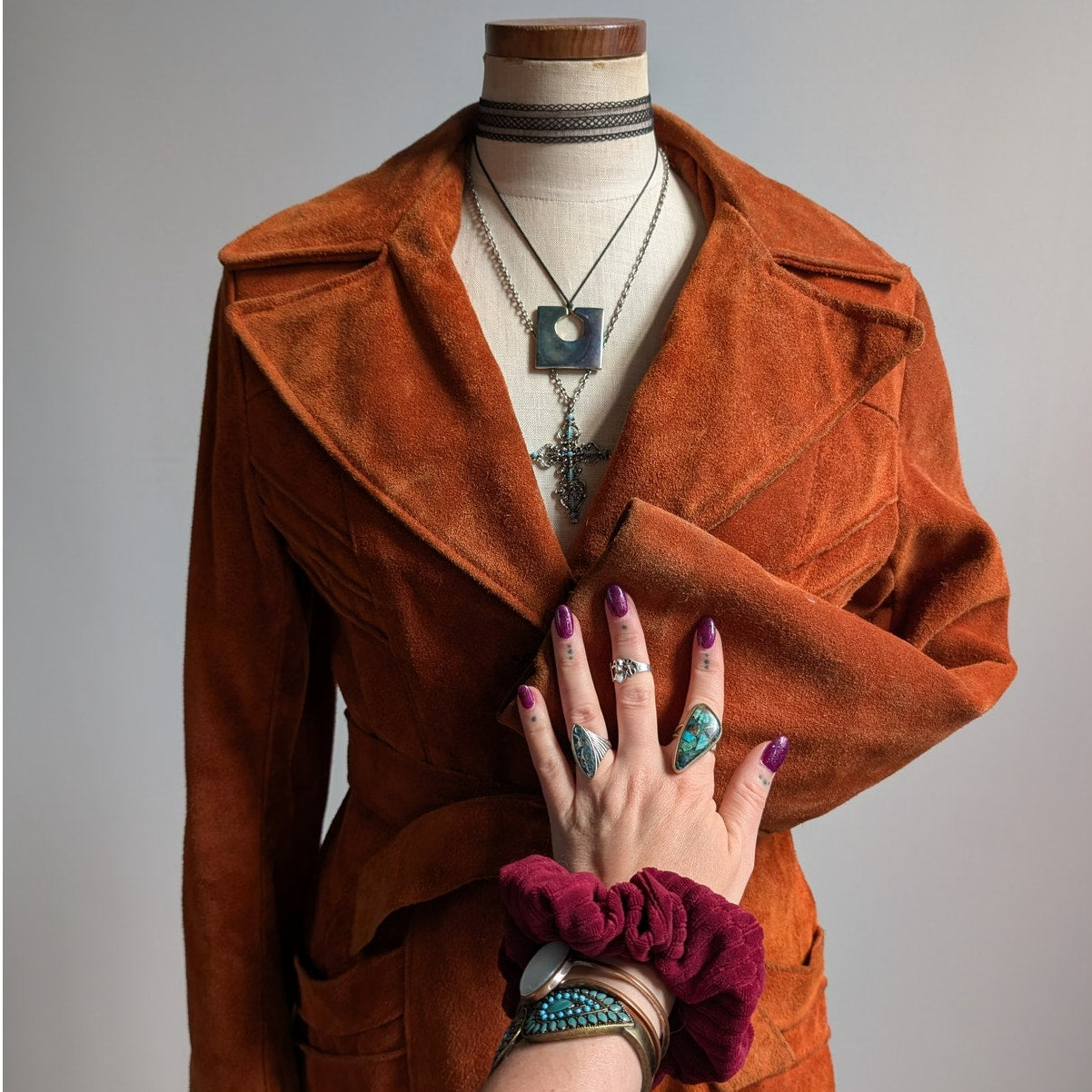 Vintage Orange Brown Suede Jacket Belted Leather Coat Western Rust Red 70s Small