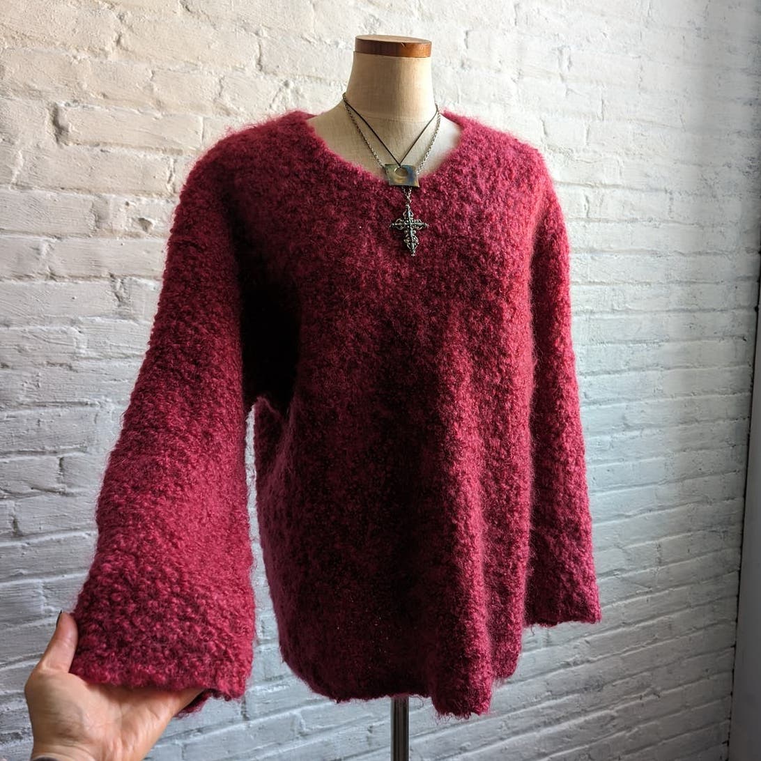 Vintage Hot Pink Mohair Wool Fuzzy Grandpa Sweater Shaggy Grunge Oversize Top