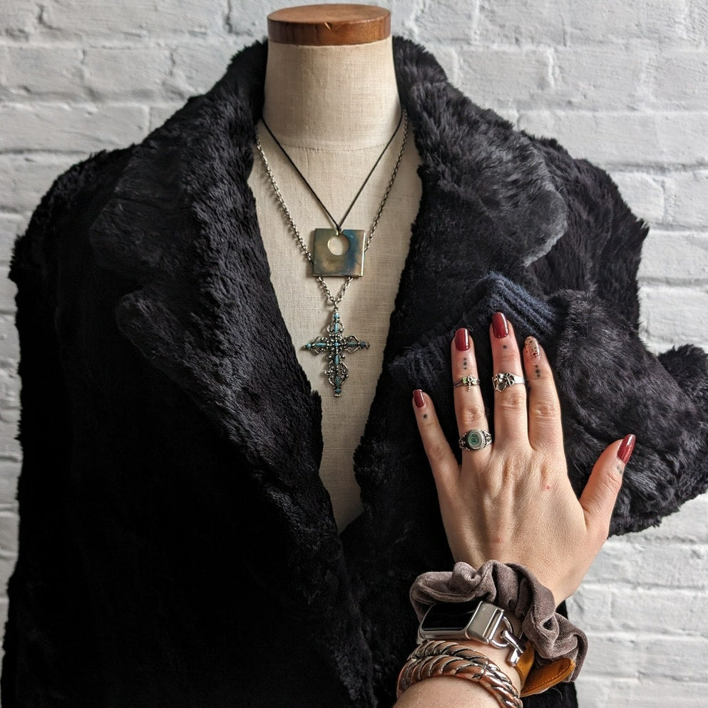 Vintage Black Rabbit Fur Bomber Coat Minimalist Shaggy Furry Fuzzy Moto Jacket