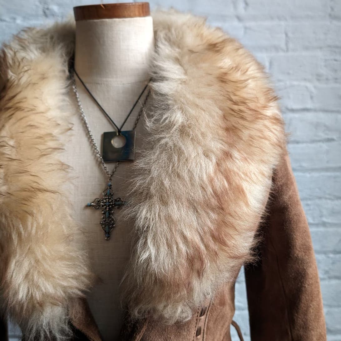 70s Penny Lane Groovy Suede Fur Jacket Furry Genuine Leather Mod Trench Coat