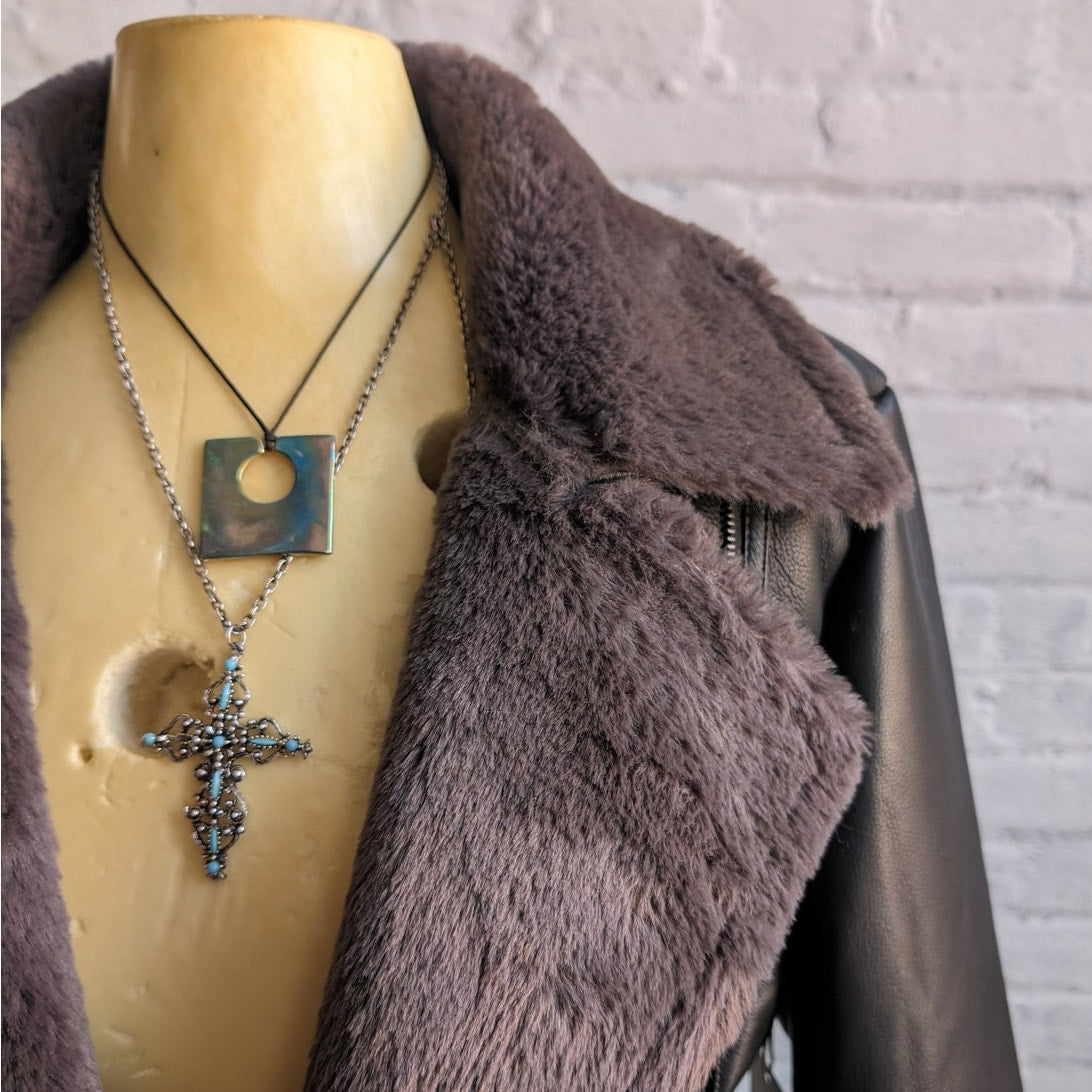 Y2K Black Faux Leather Faux Fur Moto Jacket Bomber Minimalist Grunge Biker Coat