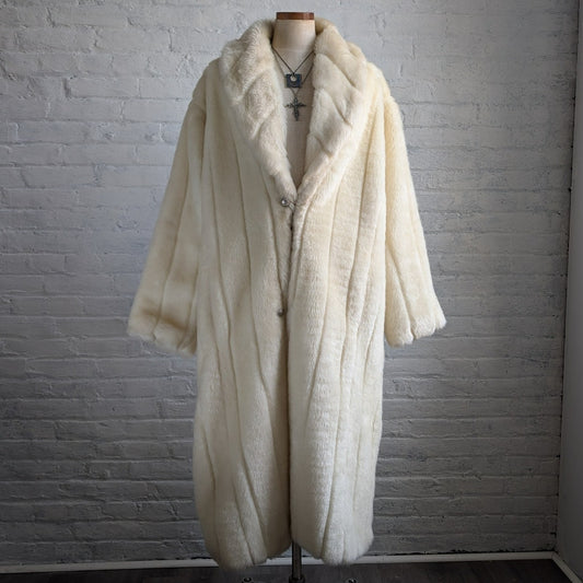 Vintage White Faux Fur Trench Coat Mob Wife Fuzzy Glam Plush Snow Bunny Jacket