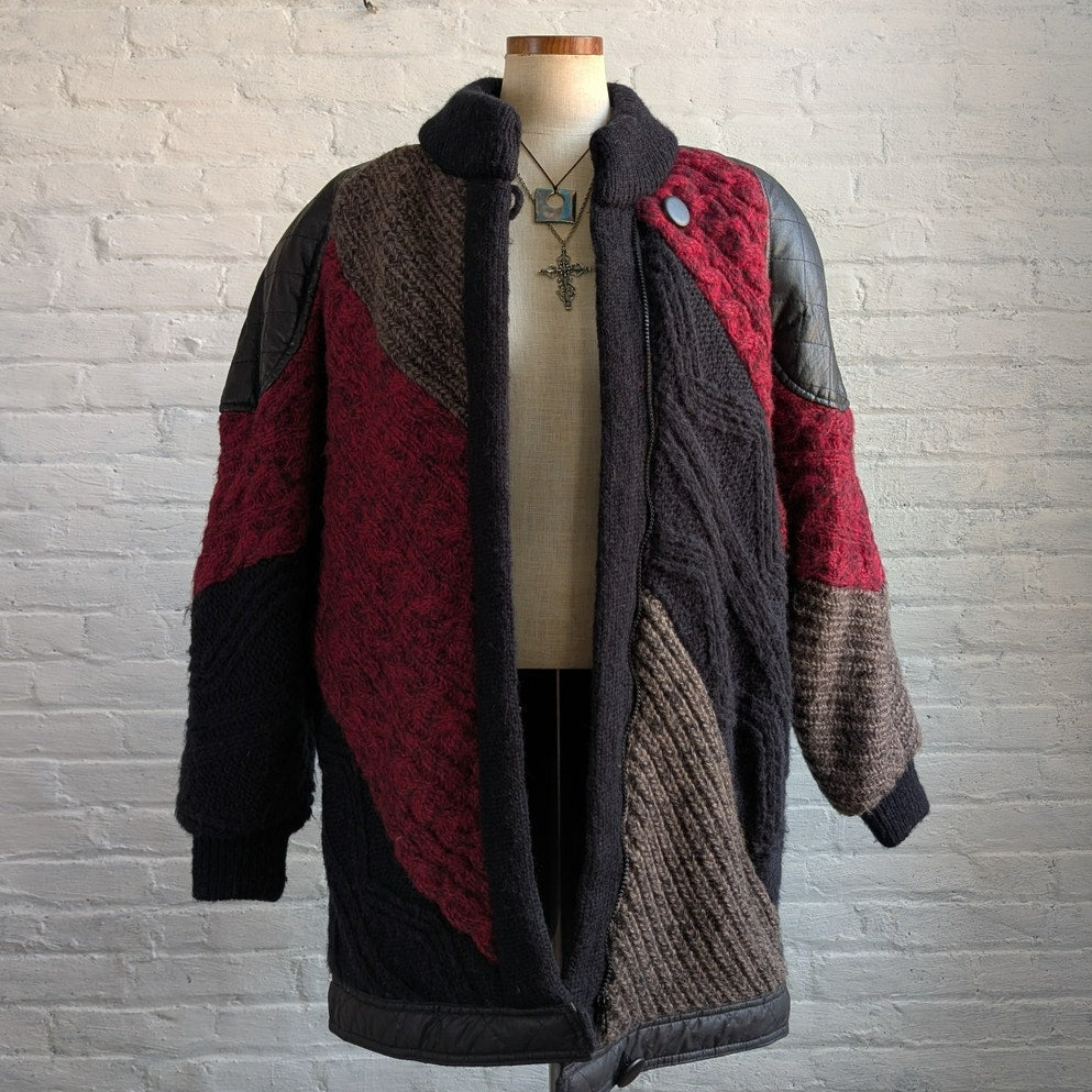 Vintage Cable Knit Leather Sweater Coat Grandpa Granny Cozy Cottage Parka Jacket