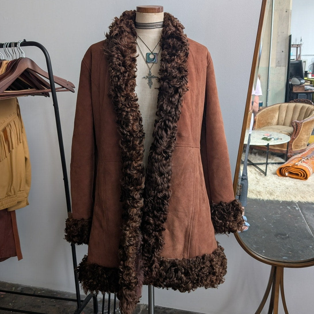 Vintage Brown Suede Penny Lane Afghan Trench Coat Fur Trim Leather Jacket Large