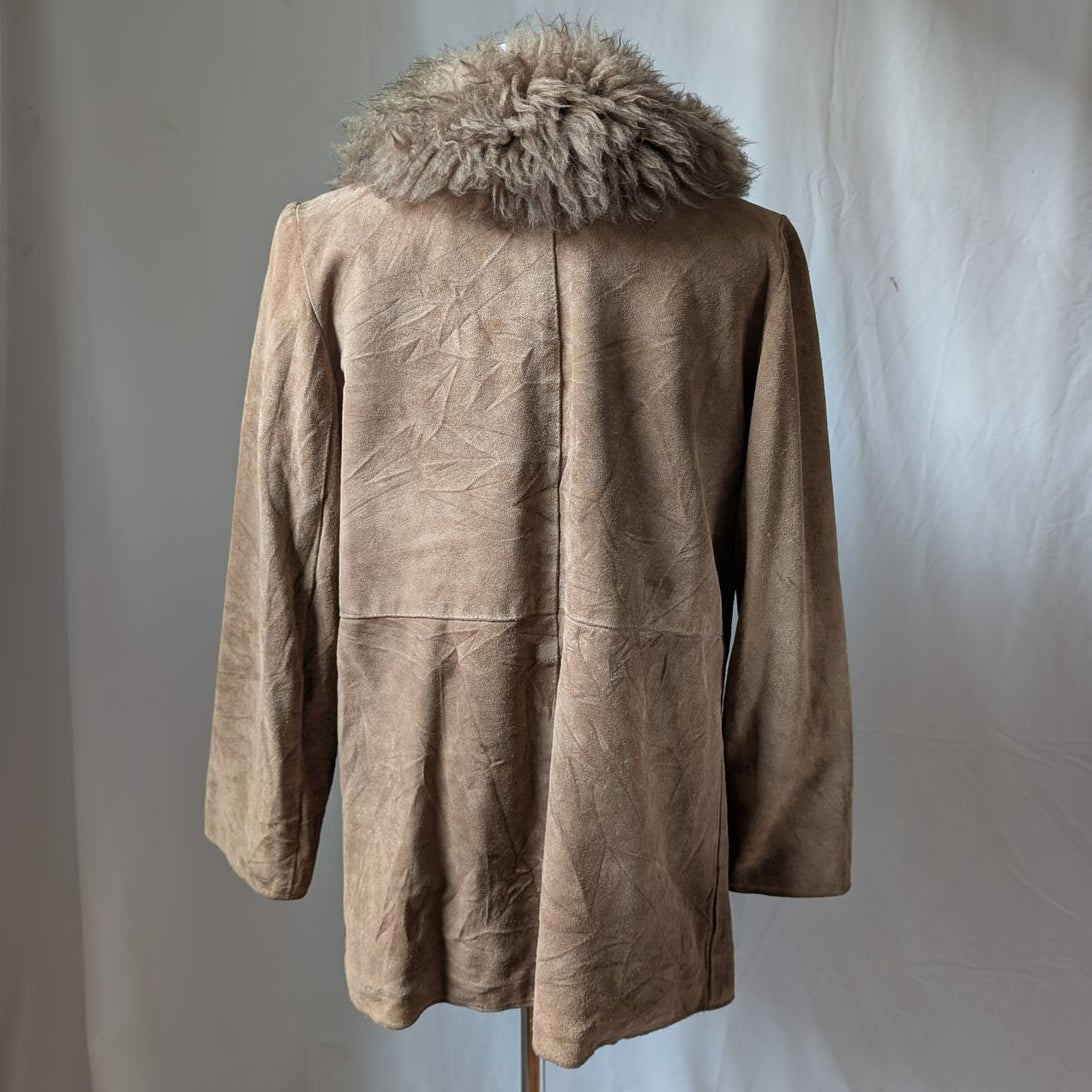 Vintage Brown Suede Fur Trim Afghan Coat L 70s Leather Penny Lane Coat Neutral