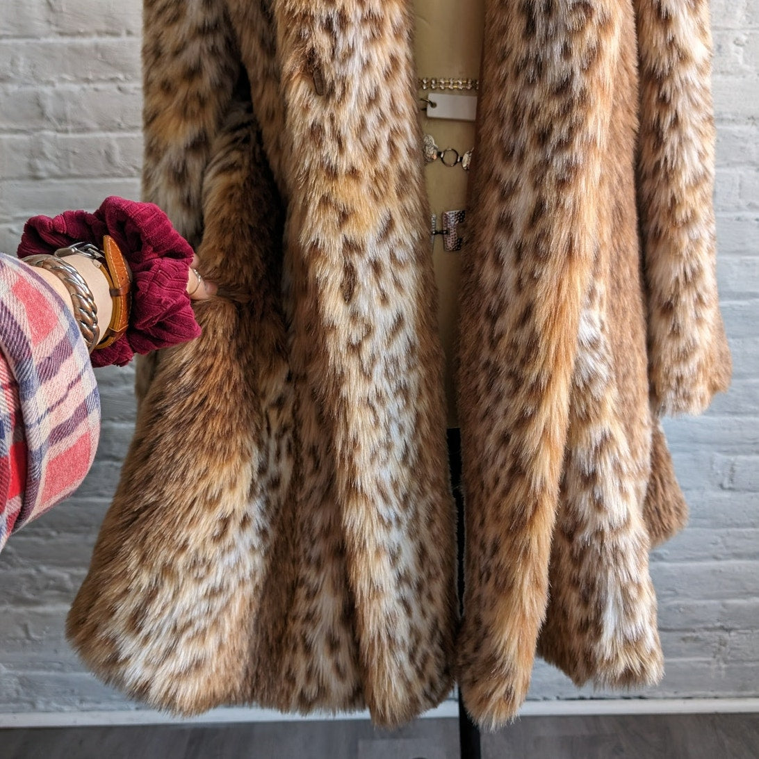 Vintage Cheetah Leopard Print Faux Fur Coat Trench Shaggy Groovy Grunge Jacket