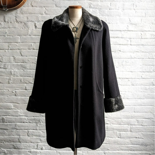 Vintage Black Wool Minimalist Trench Coat Fuzzy Faux Fur Dark Academia Jacket