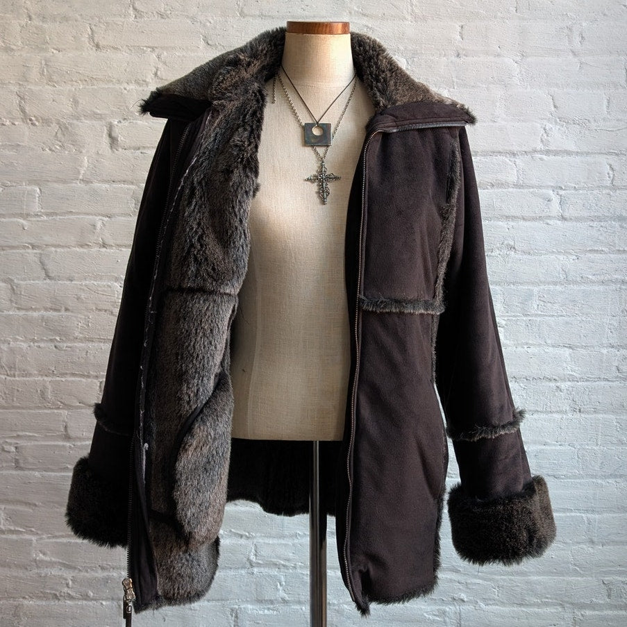 Vintage Black Faux Fur Afghan Penny Lane Jacket Shaggy Furry Boho Trench Coat