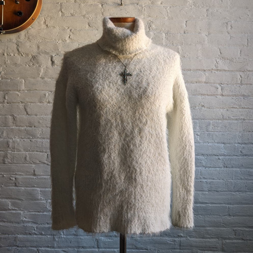 Vintage White Fuzzy Knit Sweater Preppy Furry Minimalist Turtleneck Top Small