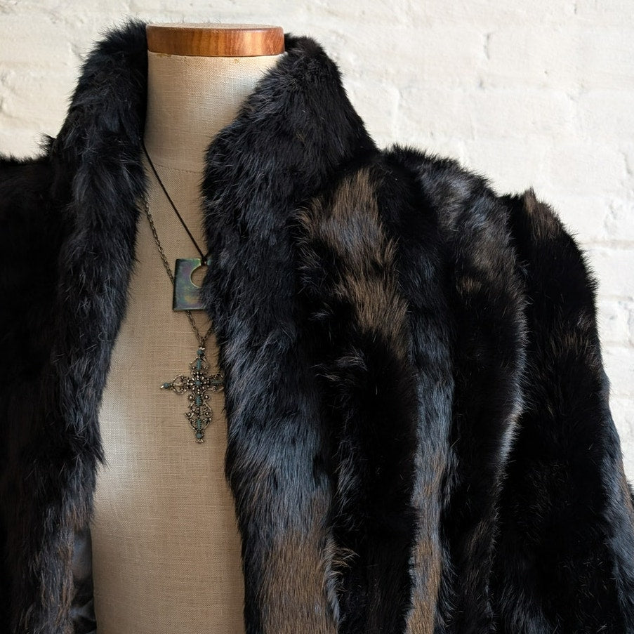 Vintage Jet Black Genuine Rabbit Fur Coat Minimalist Furry Fuzzy Bomber Jacket
