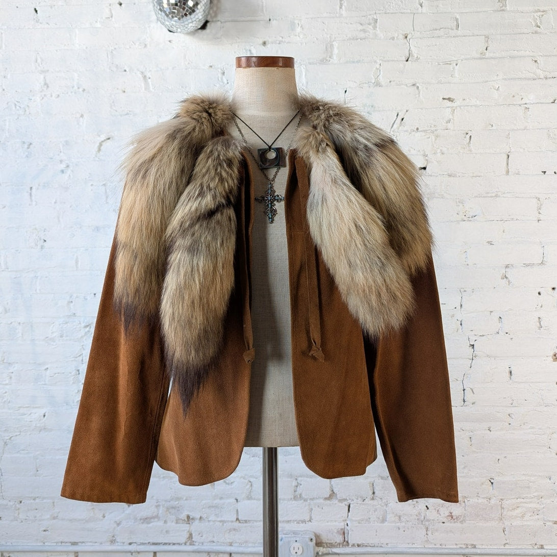 Vintage Brown Leather Jacket Fur Festival Jacket Foxtail Furry Boho Suede Medium