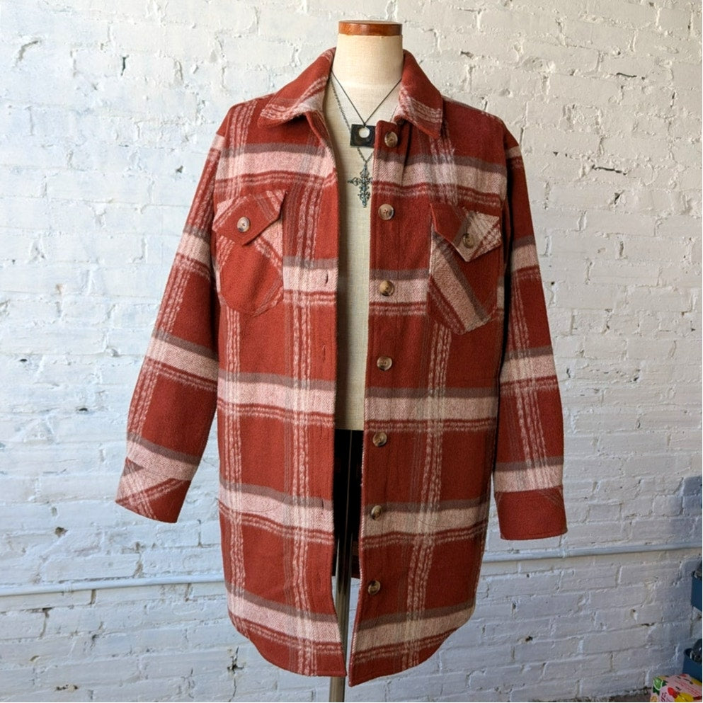 Red Plaid Flannel Jacket Gorpcore Utility Shacket Grunge Boho Chic Earthy Small