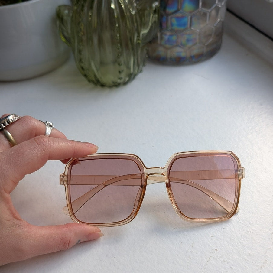 70s Retro Tan Square Festival Sunglasses Translucent Chic Tinted Sunnies Shades