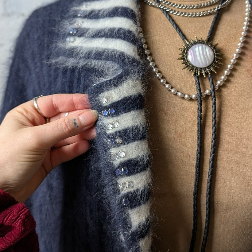 Vintage Blue Stripe Knit Sweater Jacket Furry Mohair Cardigan Granny Coat Medium