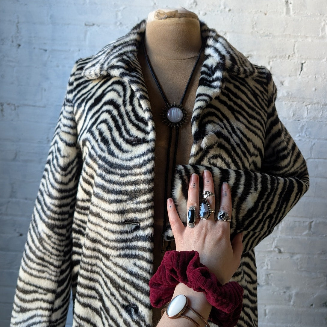 Designer Animal Print Faux Fur Trench Coat Retro Zebra Tiger Stripe Furry Jacket