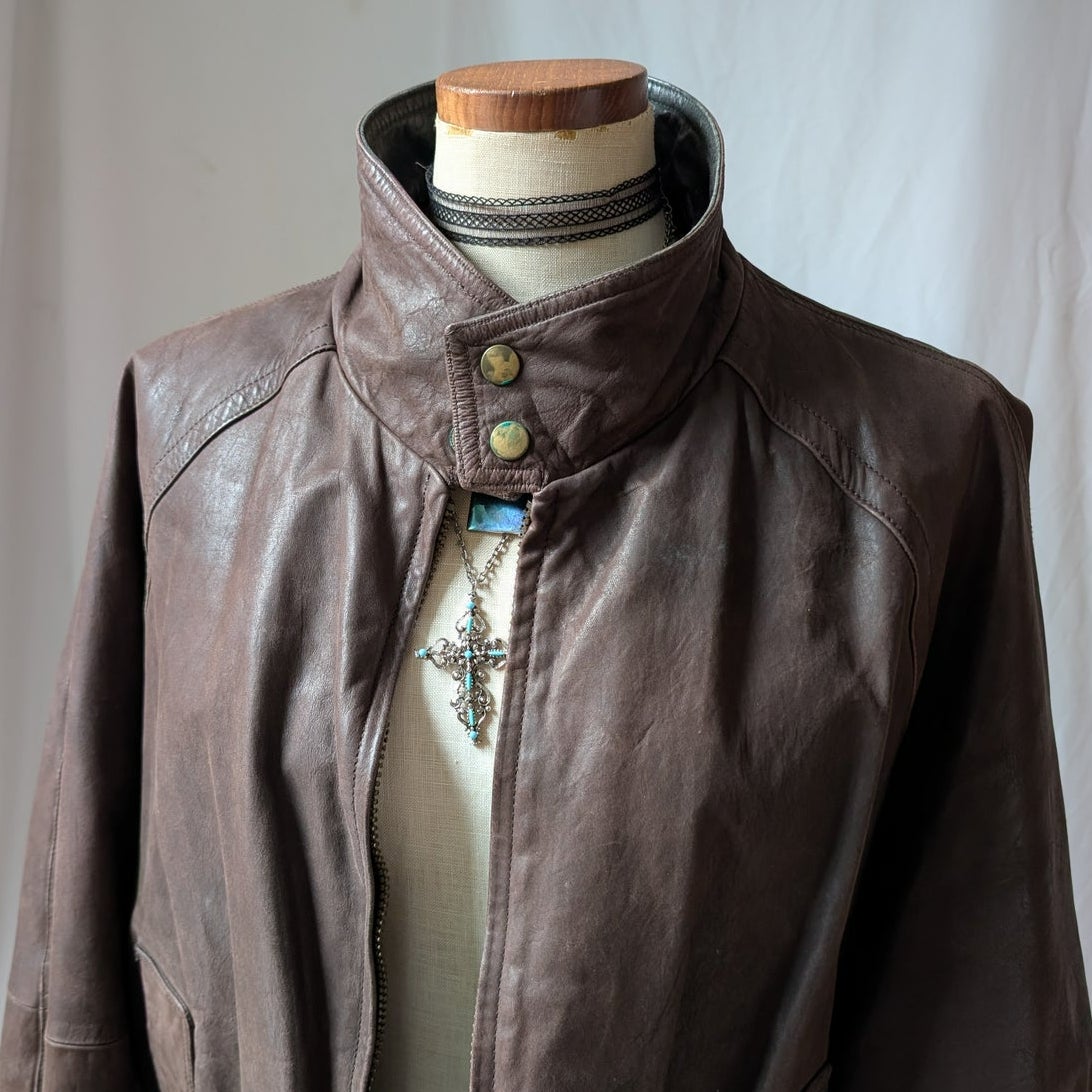 Vintage 90s Brown Leather Bomber Jacket L Slouchy Oversized Quilted Leather Coat