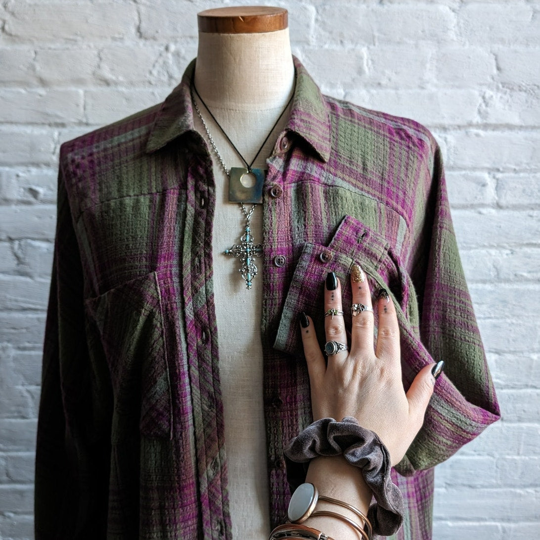 Urban Outfitters Green Grunge Plaid Flannel Forest Fairy Oversize Boyfriend Top