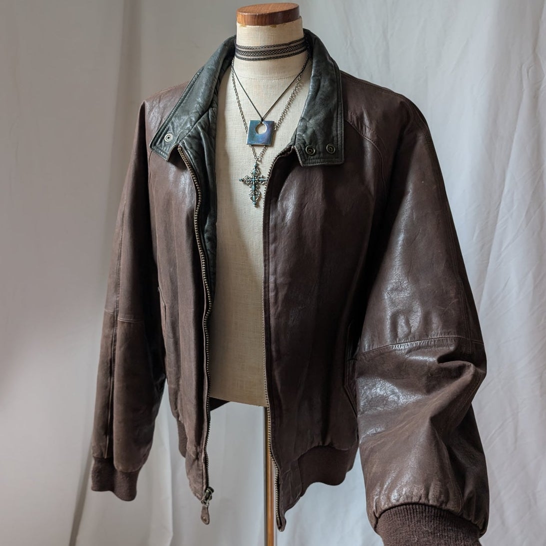 Vintage 90s Brown Leather Bomber Jacket L Slouchy Oversized Quilted Leather Coat