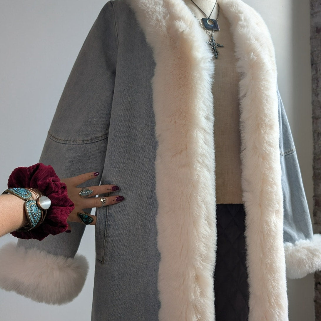 Y2K Faux Fur Penny Lane Afghan Coat Denim Trench Coat 90s Boho Jean Jacket Med