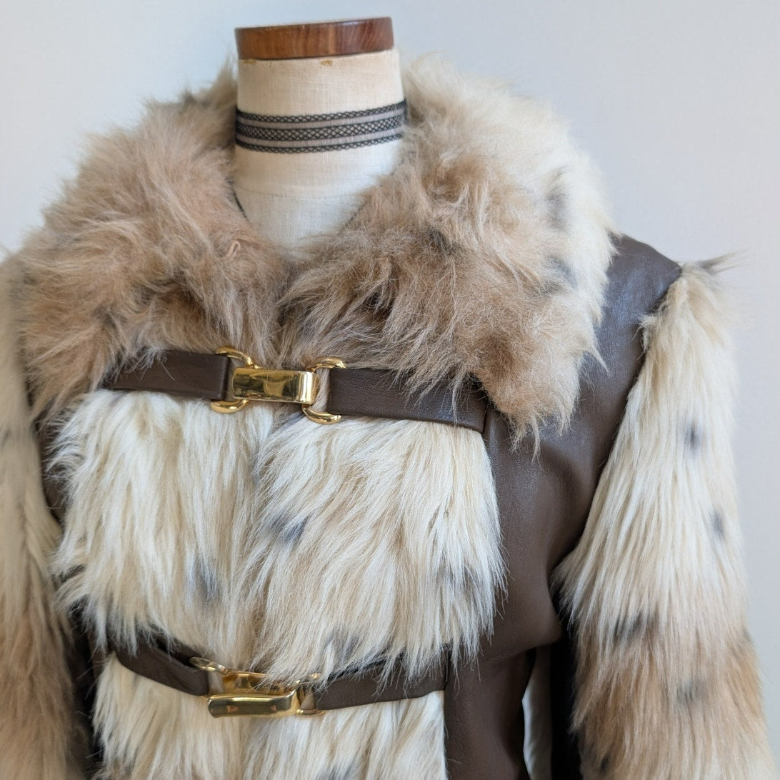 Vintage Cheetah Faux Fur Afghan Coat Leather Penny Lane Shaggy Trench Jacket