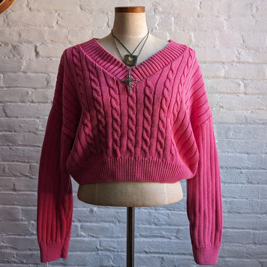 Y2K Vintage Hot Pink Cable Knit Sweater Chunky Ribbed Cropped Barbie Preppy Top