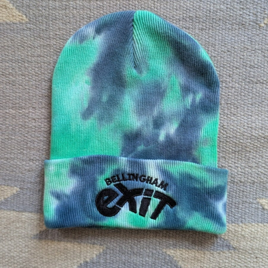 Tie Dye Beanie Green Blue Cotton Knit Festival Hat Embroidered Exit Bellingham