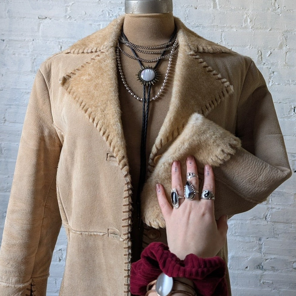 Vintage Neutral Tan Suede Leather Duster Groovy Boho Faux Fur Trench Coat Jacket