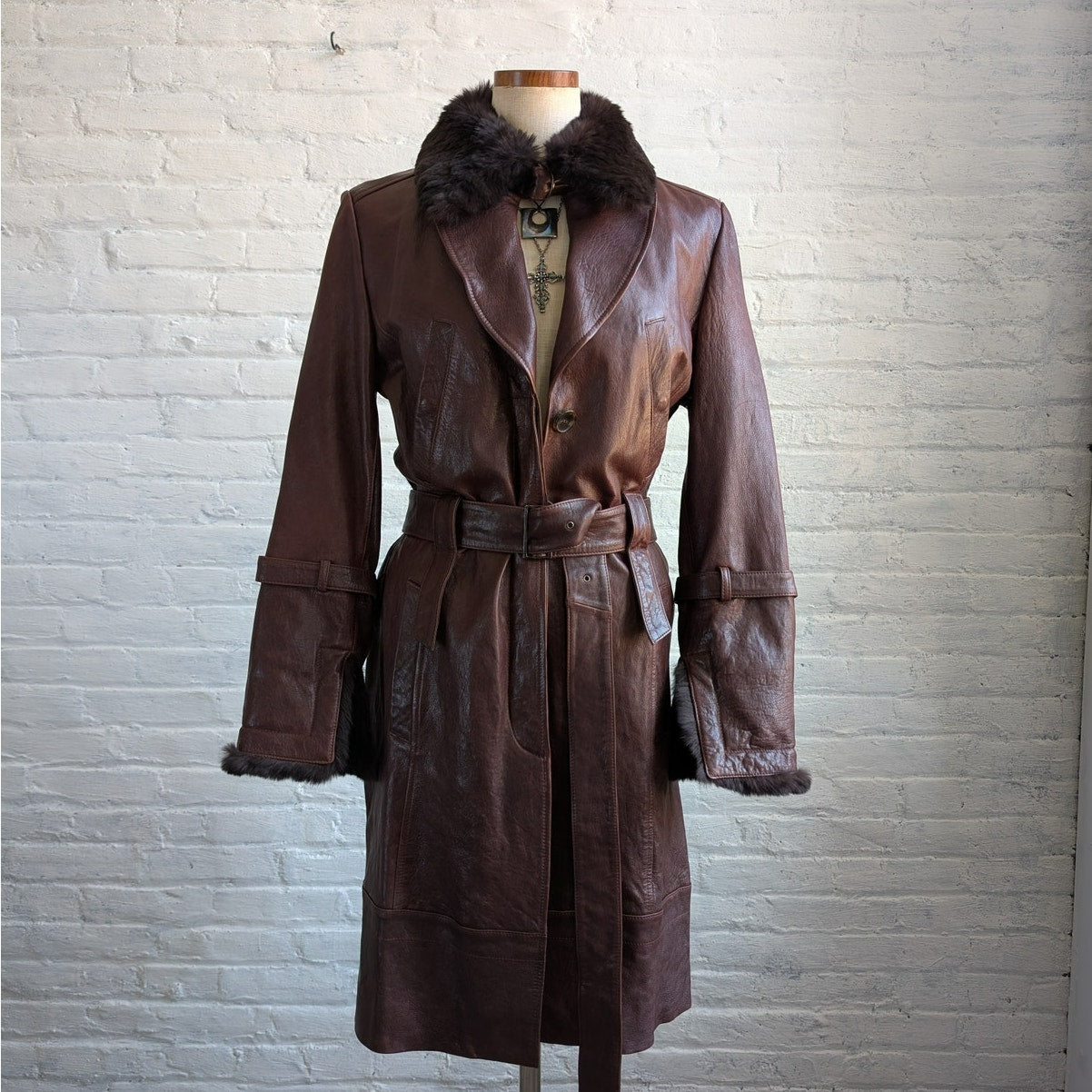 Vintage Burgundy Leather Penny Lane Trench Coat Genuine Fur Grunge Boho Jacket