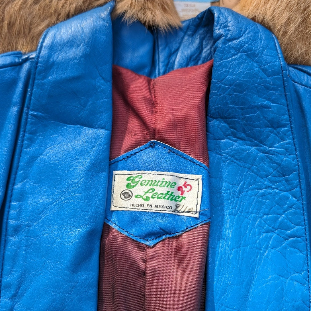 70s Vintage Cropped Fringe Leather Jacket Moto Biker Jacket Western Blue Medium