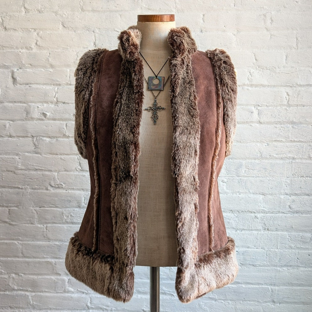 Y2K Vintage Brown Suede Fur Vest Penny Lane Fuzzy Leather Groovy Boho Moto Coat